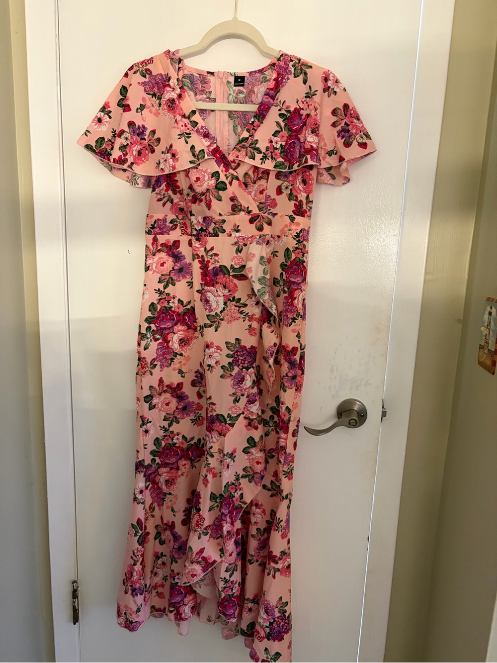 Floral Wrap Maxi Dress in Blush Pink with Ruffle Sleeves